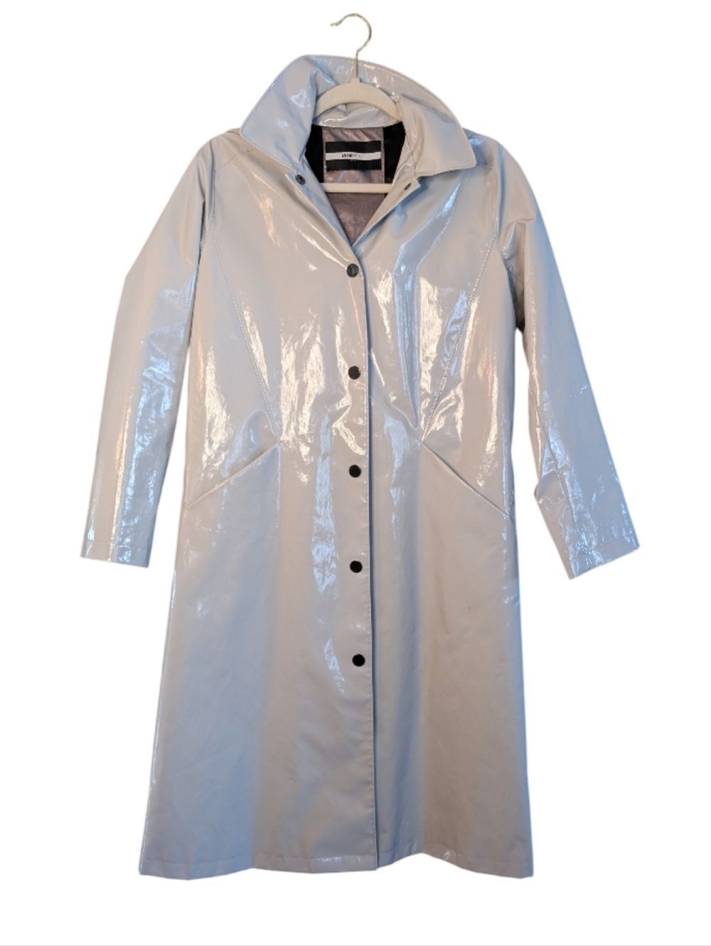 Jane Post Rain city Slicker wet-look high-gloss snap front hood size XS FLAW ink